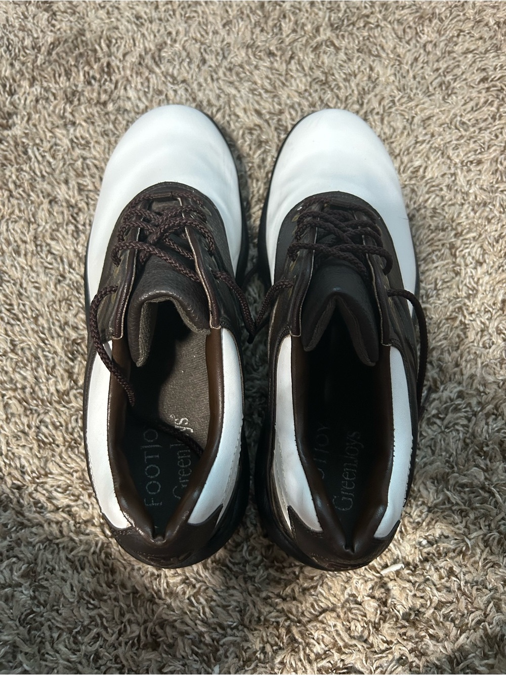 New FootJoy GreenJoys Golf Shoes Mens 11 M Saddle Soft Spikes  White Brown - Picture 2 of 11